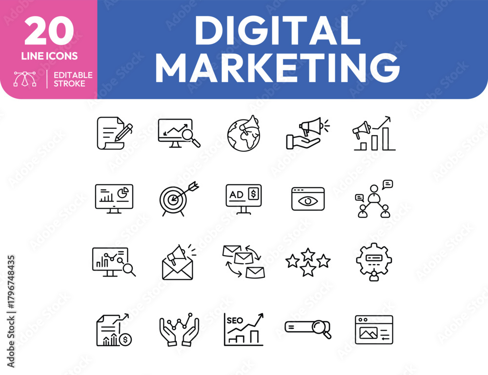 Fototapeta premium Digital marketing line icons with editable strokes for business and promotion
