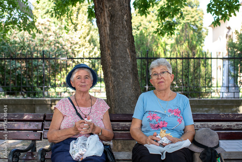 Two older adult women are seated side by side on a park bench under the shade of a tree, enjoying fast food as they share a quiet moment of everyday life and companionship.