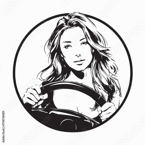 Female Driver Vector Image Illustration Behind Steering Wheel on white background