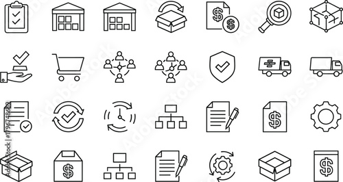 Modern collection of isolated outline symbols representing core operational concepts like inventory tracking, delivery logistics.