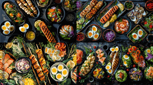 Rustic overhead layout of grilled salmon, eggs, salads, and colorful vegetables on a dark table. Gourmet healthy food assortment for menus, recipes, catering, and nutrition concepts.