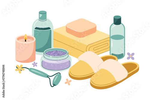 Vector illustration of a relaxing spa and selfcare arrangement featuring a candle, bath salts, lotions, and fluffy slippers on a