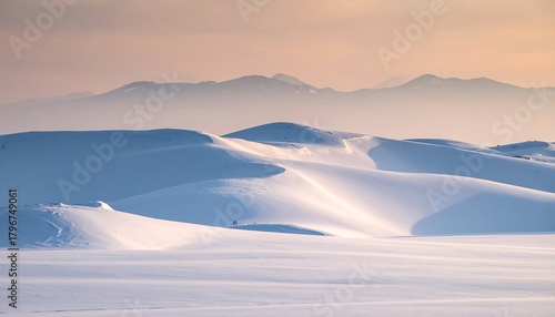 Fototapeta Naklejka Na Ścianę i Meble -  Serene landscape with undulating snow-covered dunes under a soft, golden-hued sky and distant mountain silhouettes