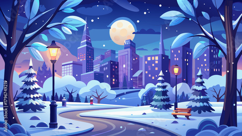 A dreamy winter night scene featuring a snowy city park glowing under twinkling star trails, a bright full moon, frosted trees, and gentle snowfall, creating a magical and peaceful atmosphere