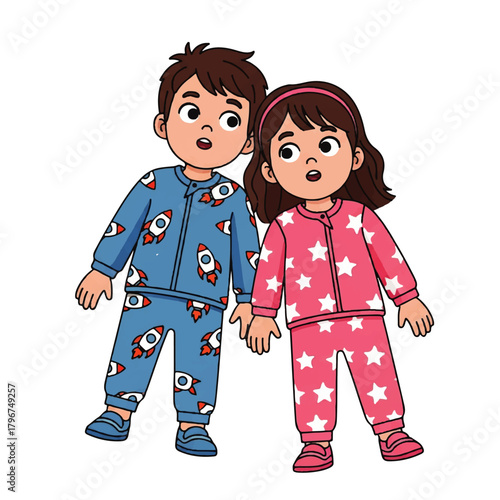 Two siblings in colorful pajamas holding hands, looking surprised and curious.