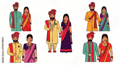 Flat vector illustration of an Indian bride and groom in elegant traditional costumes. Suitable for invitation designs, posters, event branding, and Indian-themed promotional materials.