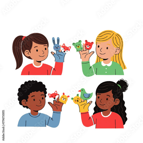Children enjoy colorful finger puppets in a cheerful group play scene.