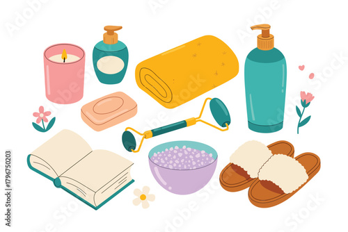 Vector illustration of a relaxing spa and selfcare set with a candle, soap, towel, face roller, slippers, and lotions