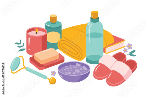 Vector illustration of a still life composition featuring spa and selfcare products such as a candle, soap, towel, bath bomb, face roller, and slippers