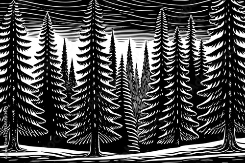 Tall dark pines standing in deep snow under soft pale winter sky, highlighting Scandinavian minimal beauty and untouched northern wilderness