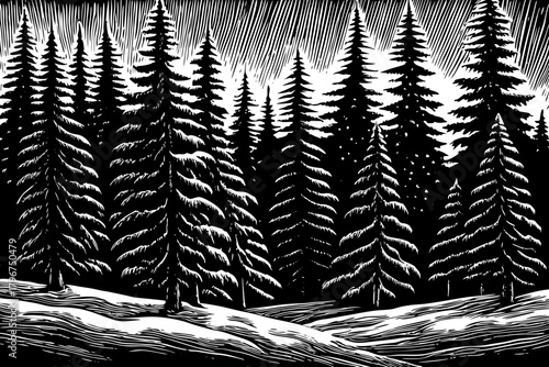 Tall dark pines standing in deep snow under soft pale winter sky, highlighting Scandinavian minimal beauty and untouched northern wilderness