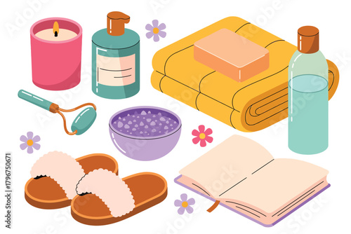 Vector illustration of cozy selfcare routine with a lit candle, fluffy slippers, face roller, soap, towel, book, and bath products