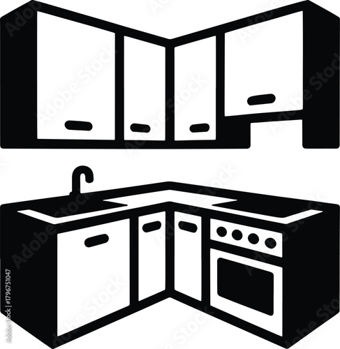 Black and white vector illustration of a corner kitchen cabinet and countertop with sink and stove cabinets