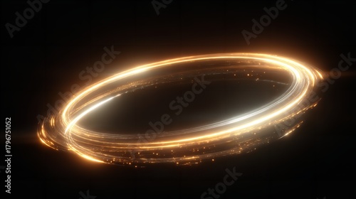 Abstract glowing golden light trails forming an elliptical ring shape on a dark background, representing energy and motion