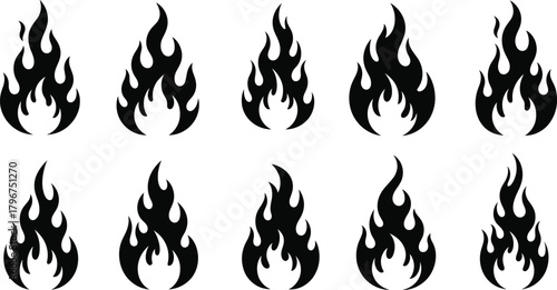Black and white flame icon set with symmetrical fire shapes and stylized energy motifs
