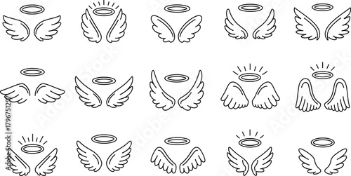Black and white halo and angel wing icon set with stylized symmetrical designs