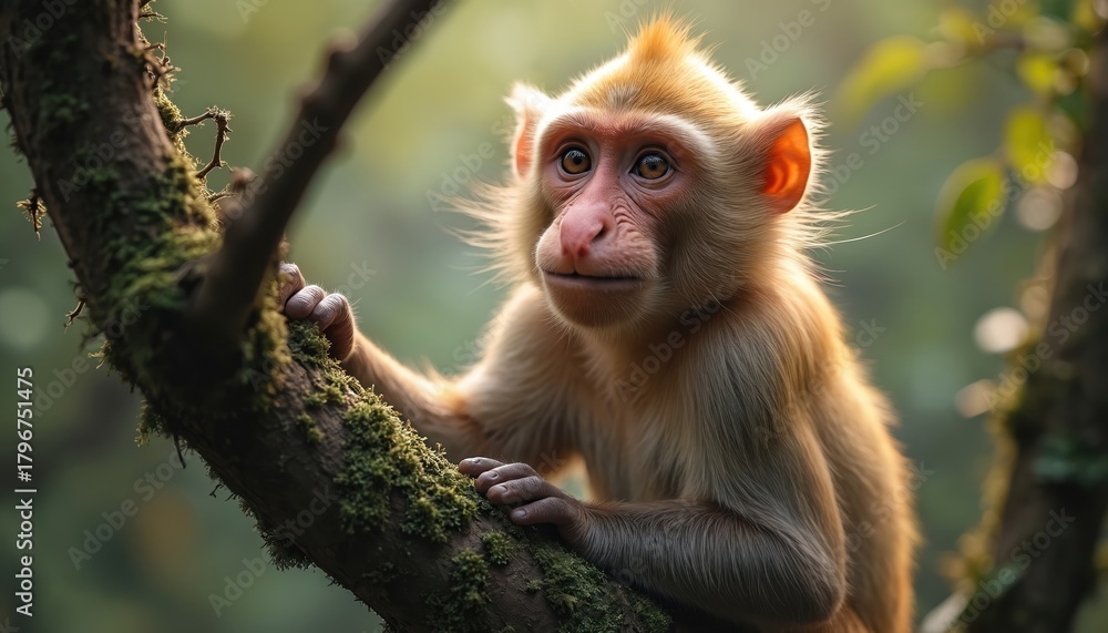 Obraz premium Young monkey with light fur sits on a mossy tree branch in rich green jungle. Primate looks curious, resting its paws on a thick limb. Wildlife scene with natural lighting.