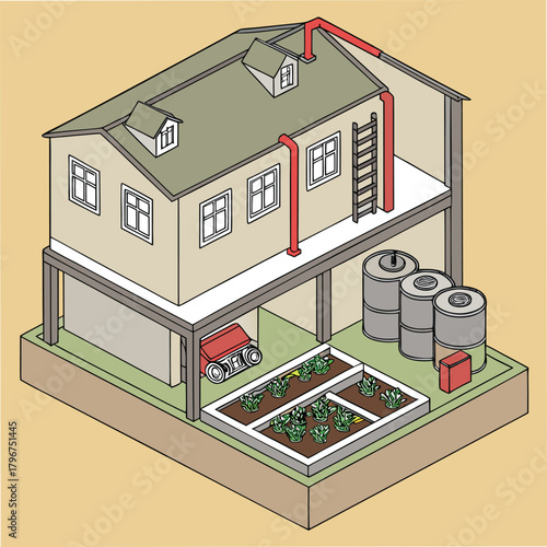 Adobe Illustrator Artwork: A isometric illustration of a house designed with a rainwater harvesting system and a small garden area