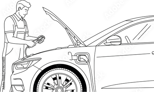 Electric Vehicle Mechanic Performing Diagnostic Check Illustration