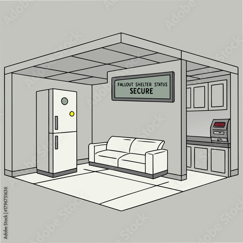 Adobe Illustrator Artwork: A vector illustration of a well-equipped fallout shelter from radioactive fallout resulting from a nuclear explosion