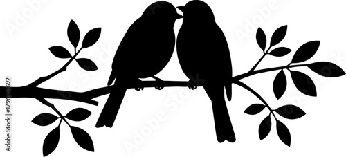 Two bird silhouettes perched on a branch with leaves, romantic greeting
