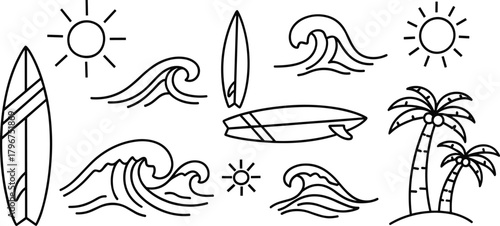 Black and white outline illustrations of beach and surfing elements with sun, waves, and palm trees