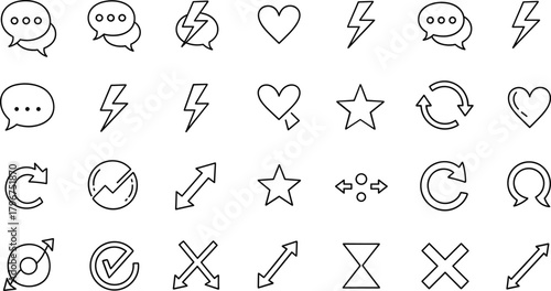 Black and white outline icons for user interface and digital design