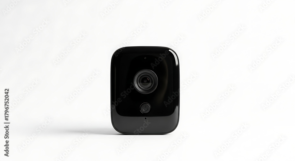Fototapeta premium A sleek black security camera centered on a white background casting a subtle shadow beneath it ai generated