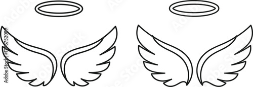 Black and white stylized angel wing and halo illustrations with smooth and pointed feather designs