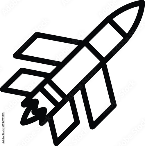 Black outline of a rocket ship with fins and exhaust flames spaceship spacecraft