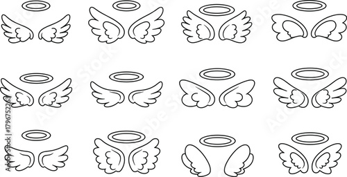 Black and white winged halo icon set with symmetrical angelic designs