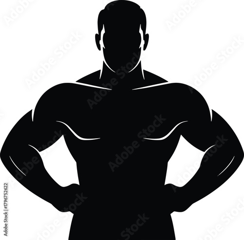 Black silhouette of a muscular man with hands on hips black and white strong