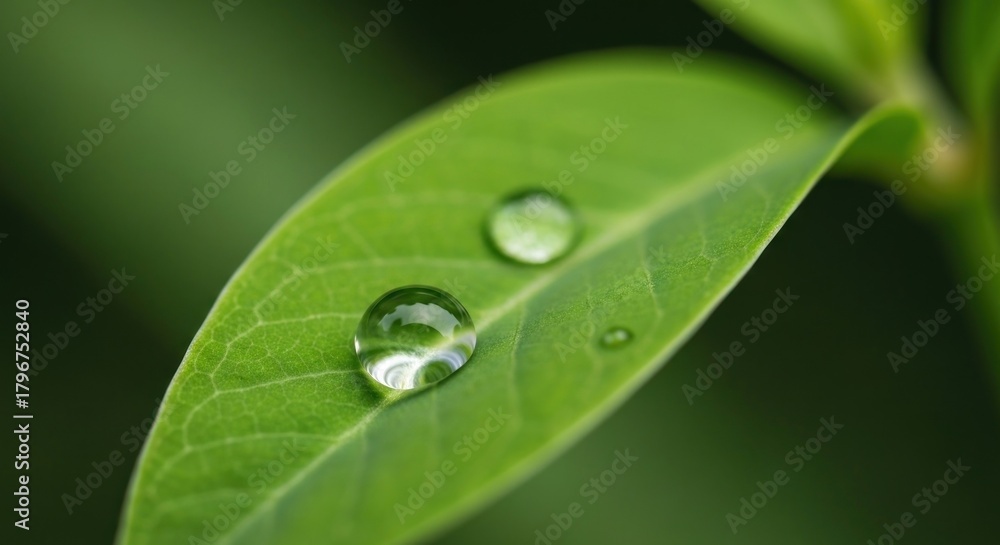 Fototapeta premium Close-up of vibrant green leaf with two water droplets reflecting the environment