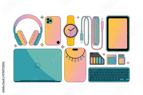 Vector illustration of topdown view of a variety of electronic devices and accessories, featuring a laptop, tablet, smartphone, headphones, and smartwatch, laid out on a surface