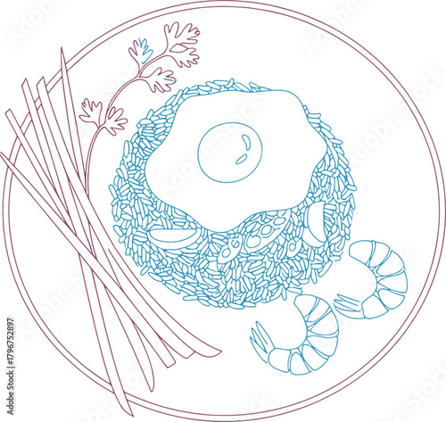 Duotone line art of fried egg with rice shrimp and herbs on plate food illustration