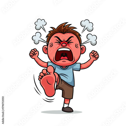 Cartoon illustration of an angry child yelling, stomping, and clenching fists in a dramatic tantrum.