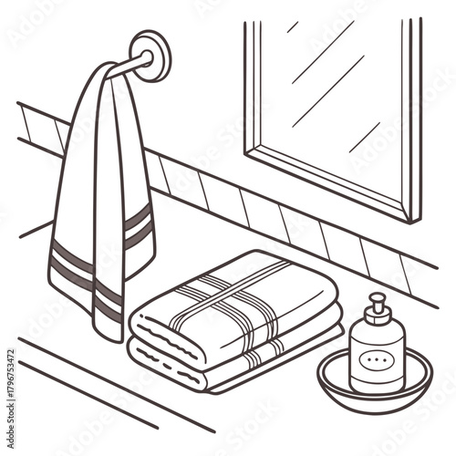 Bathroom scene with towels, soap dispenser, and mirror clean and tidy arrangement for personal hygiene and grooming