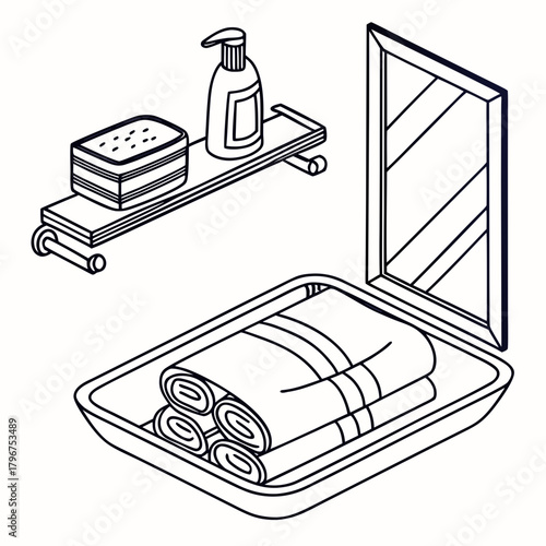 Bathroom arrangement with towels, soap dispenser, sponge, and mirror clean and organized space for personal care routine