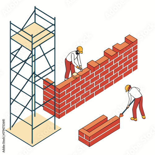 Construction workers building a brick wall masonry, construction, building, bricklaying, brickwork, house, home, architecture