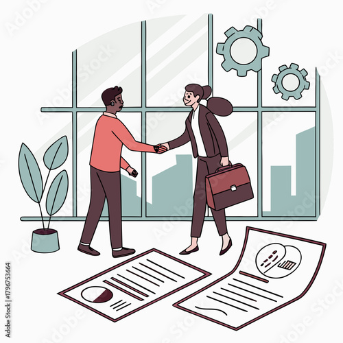 Two business people shake hands in front of a window with gears, a plant, and documents, symbolizing a successful partnership