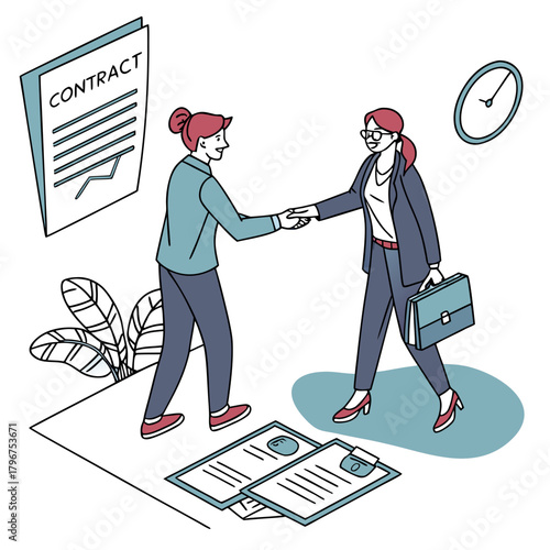 Two businesswomen shake hands in front of a contract, clock, and documents, symbolizing a successful agreement
