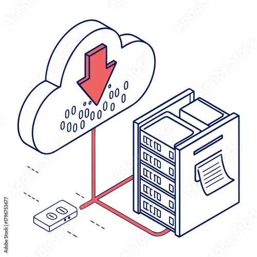 Isometric illustration of data download from cloud server to local server concept of data transfer, backup, and storage