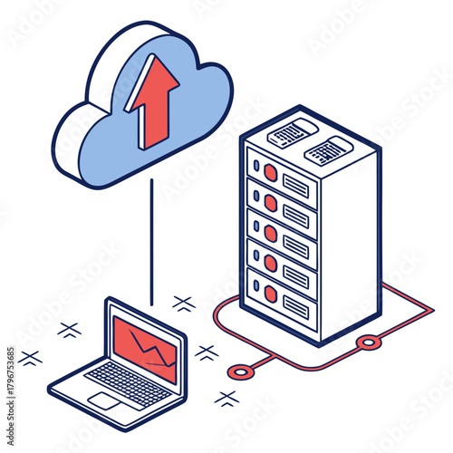Isometric illustration of data upload from laptop to cloud server concept of data transfer, backup, and storage technology and network