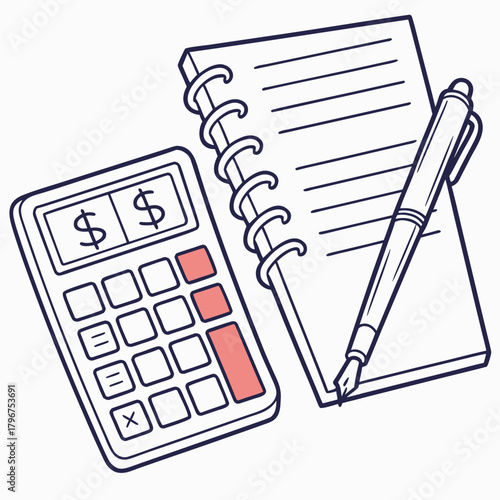 A calculator, notebook, and pen, representing financial calculations, notetaking, and business planning for effective money management
