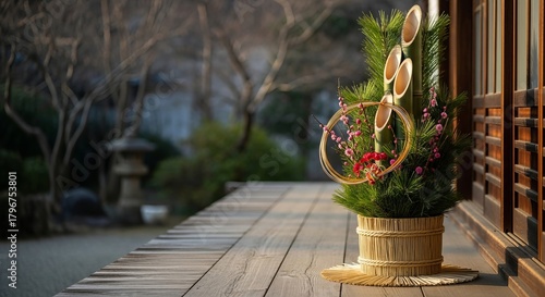 Japanese New Year kadomatsu bamboo decoration on wooden porch