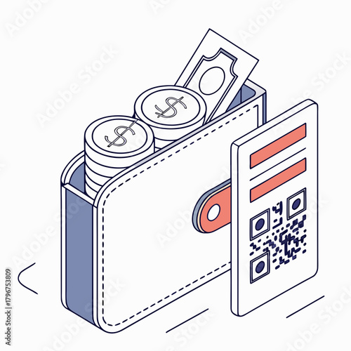 Isometric illustration of a wallet with money and a qr code, representing online payment, digital wallet, and mobile payment methods