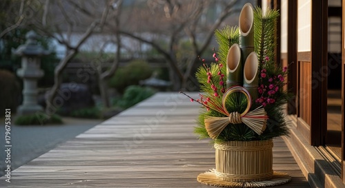 Japanese New Year kadomatsu bamboo decoration on wooden porch