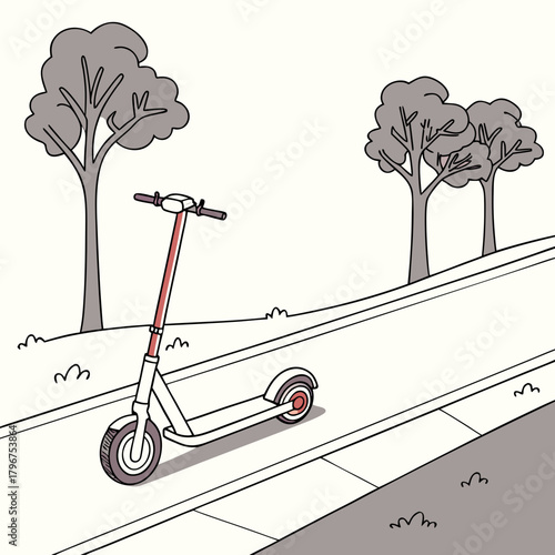 A captivating line art illustration of an electric scooter on a road with trees in the background, showcasing a modern and ecofriendly mode of transport