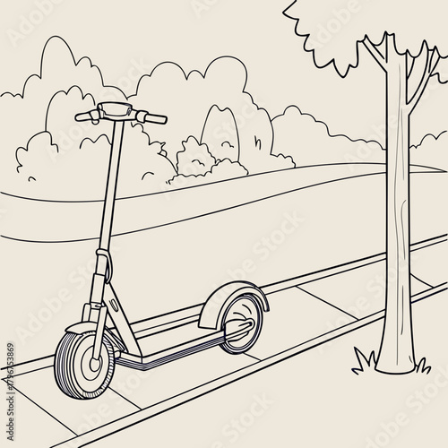 A charming line art illustration of an electric scooter parked on a sidewalk next to a tree, with a serene landscape and fluffy clouds in the background