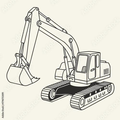 Illustration of an excavator with a bucket, a heavy construction machine used for digging and moving earth, perfect for construction or engineering